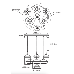 Grace 07 - Suspension rosace ronde finition noire et de 7 verrines Grace