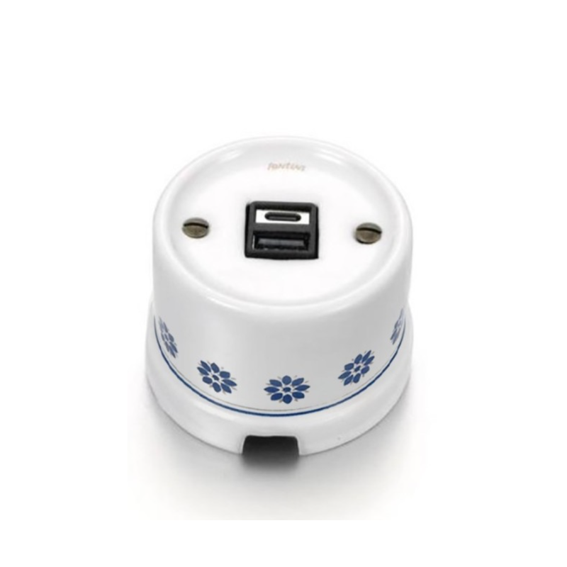 Chargeur USB double A+C porcelaine décor bleu/argent GARBY Fontini