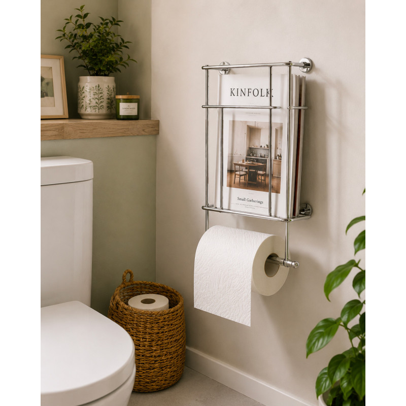 Porte-revues avec porte-rouleau de papier toilette en laiton chromé de THPG