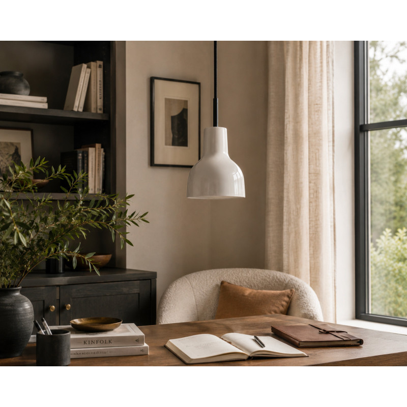 Suspension Porcelight P14 en porcelaine diamètre 14 cm corde noire THPG