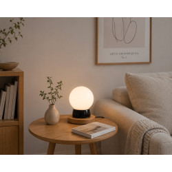 Lampe THPG porcelaine noire & hêtre – Globe opale