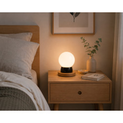 Lampe THPG porcelaine noire & hêtre – Globe opale