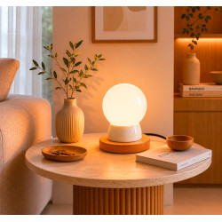Lampe sur pied THPG porcelaine blanche & hêtre - Design rétro