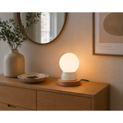 Lampe sur pied THPG porcelaine blanche & hêtre - Design rétro