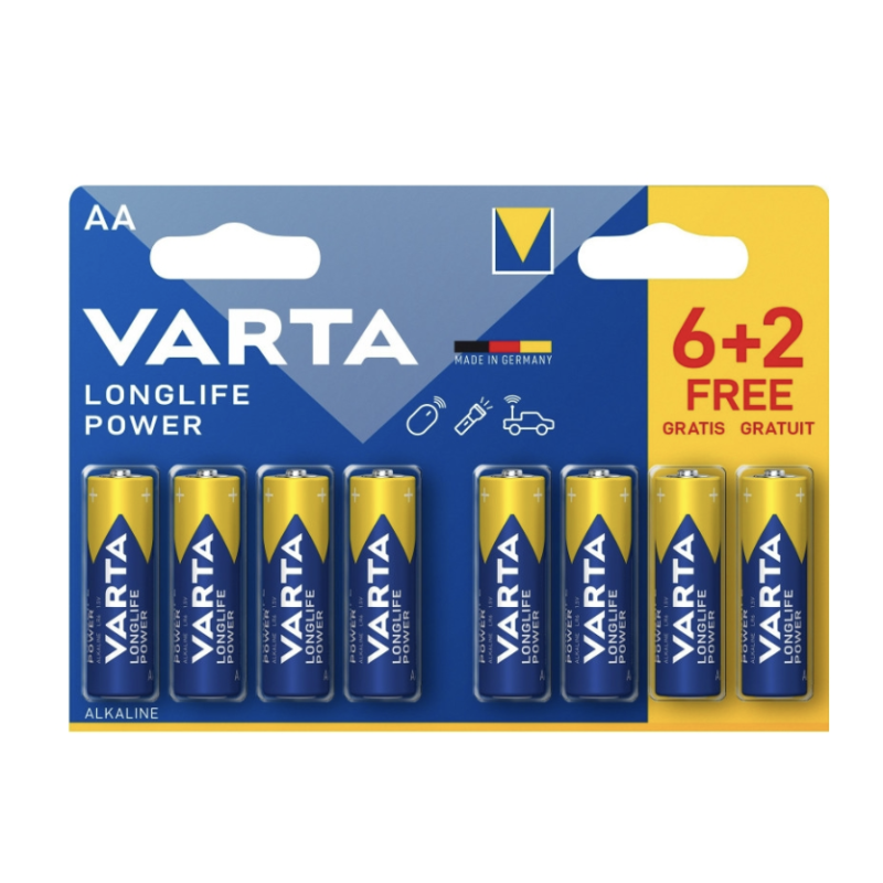 Piles Varta LONGLIFE Power AA LR06 1,5V Pack 8 (6+2 gratuites)