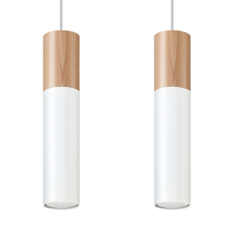 PABLO - Lampe pendante 2 suspensions finition blanc et bois naturel