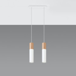PABLO - Lampe pendante 2 suspensions finition blanc et bois naturel
