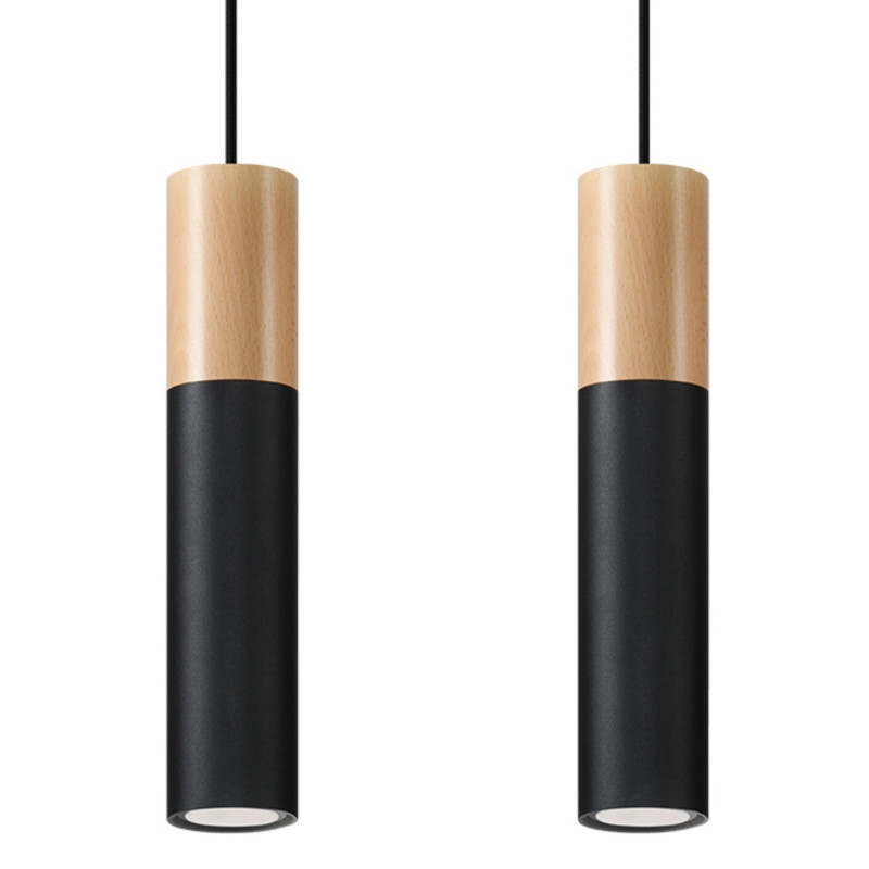 PABLO - Lampe pendante 2 suspensions finition noir et bois naturel