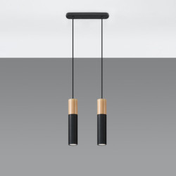 PABLO - Lampe pendante 2 suspensions finition noir et bois naturel