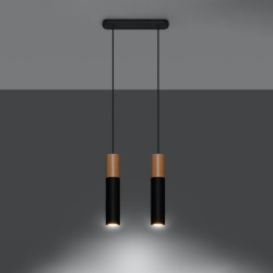 PABLO - Lampe pendante 2 suspensions finition noir et bois naturel