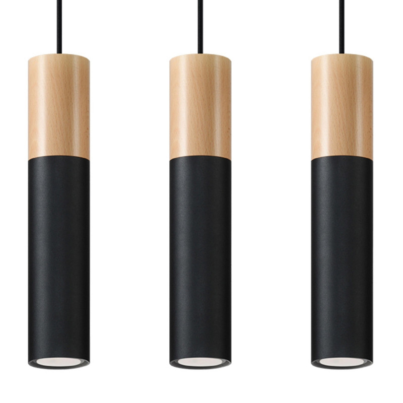 PABLO - Lampe pendante 3 suspensions finition noir et bois naturel