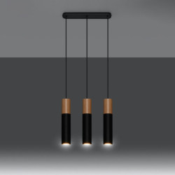 PABLO - Lampe pendante 3 suspensions finition noir et bois naturel