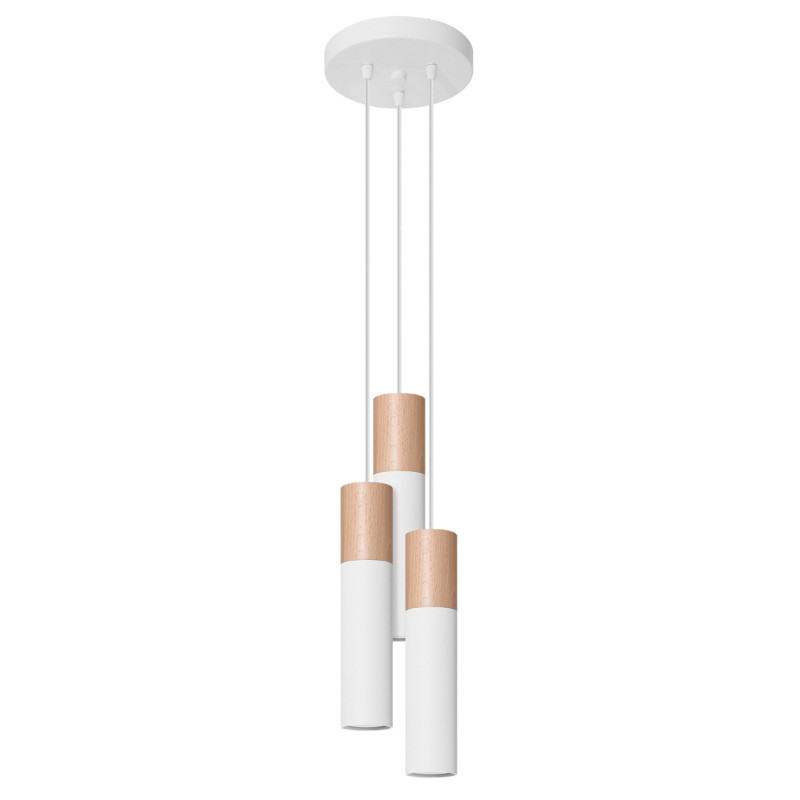 PABLO - Lampe pendante 3 suspensions finition blanc et bois naturel