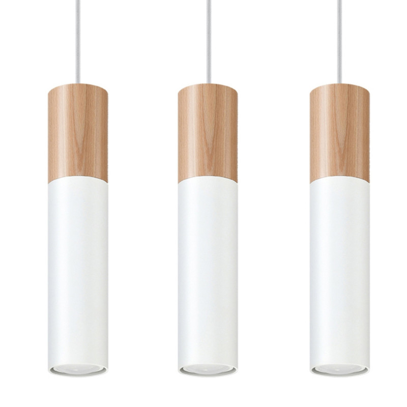PABLO - Lampe pendante 3 suspensions finition blanc et bois naturel
