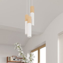 PABLO - Lampe pendante 3 suspensions finition blanc et bois naturel