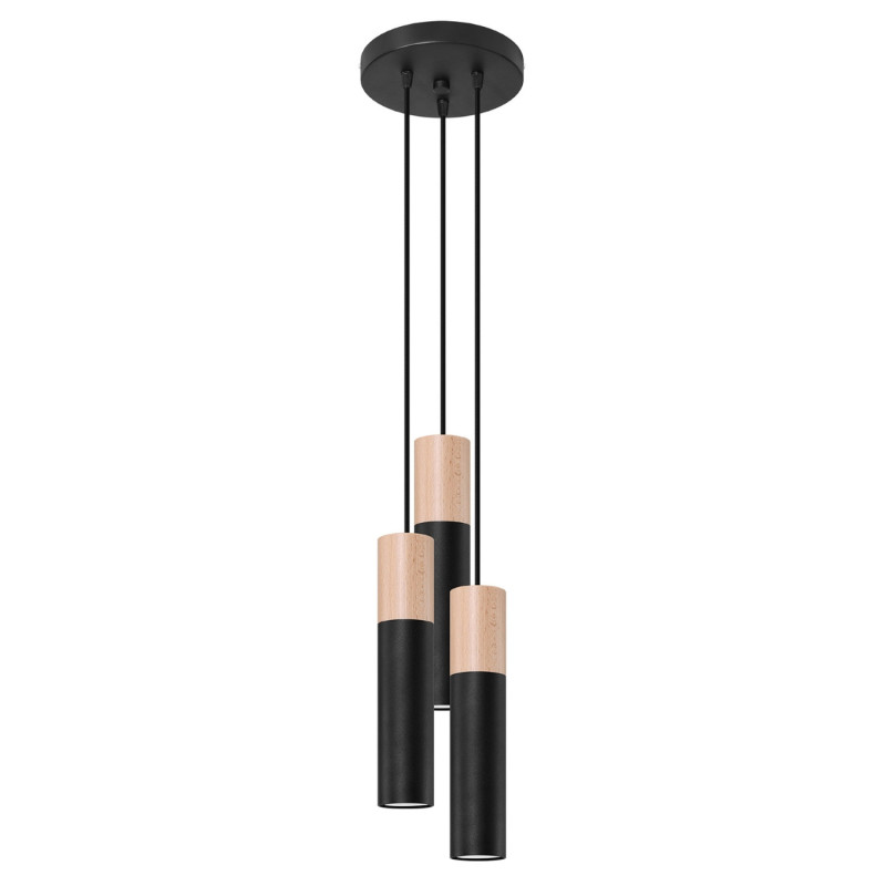 PABLO - Lampe pendante 3 suspensions finition noir et bois naturel
