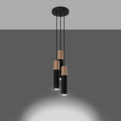 PABLO - Lampe pendante 3 suspensions finition noir et bois naturel